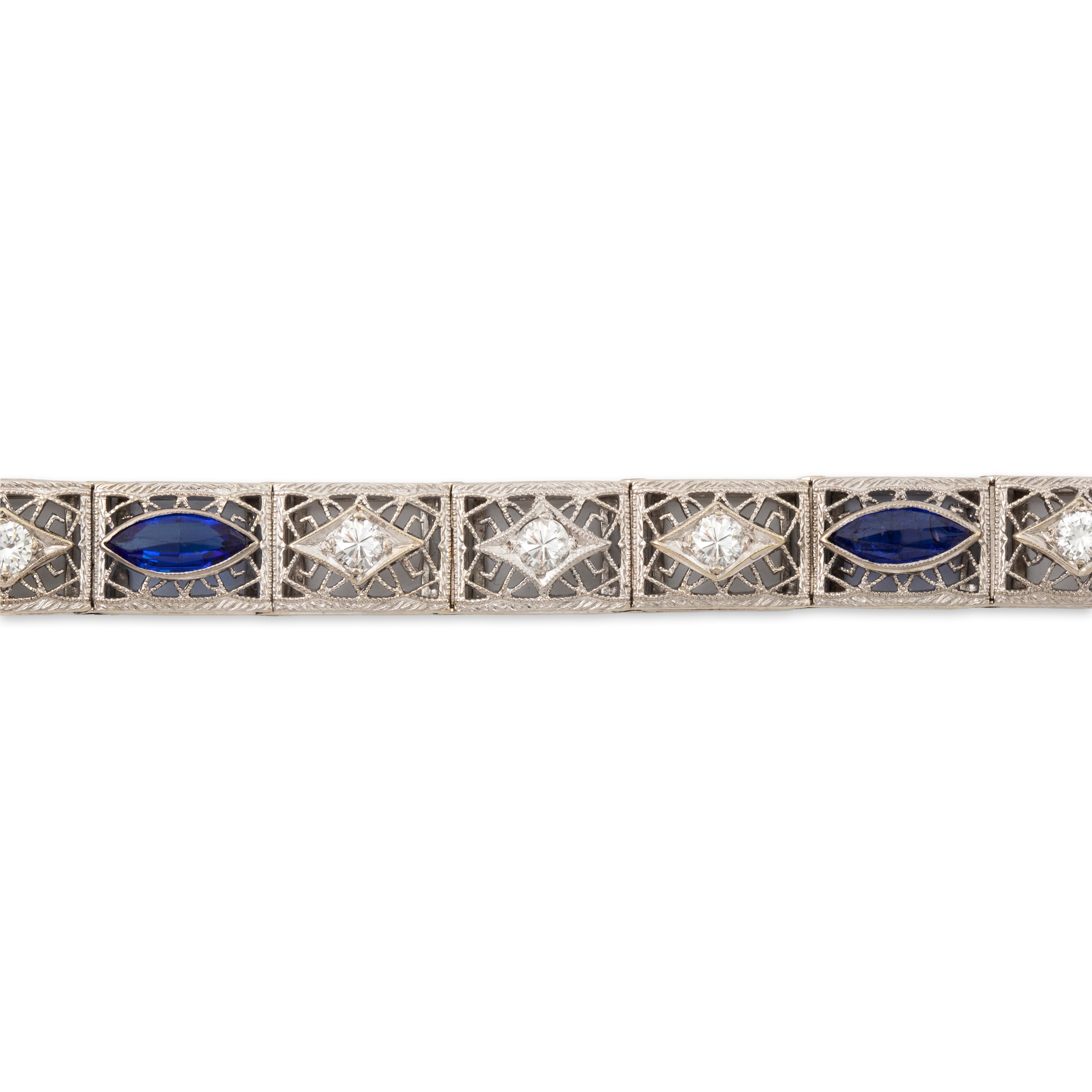 Vintage Platinum & 14k White Gold .774cttw Diamond Synthetic Blue Sapphire Filigree Bracelet、mySite、hinf8tx79