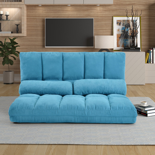 Double Chaise Lounge Sofa Floor Couch and Sofa with Two Pillows (Blue)、、casual