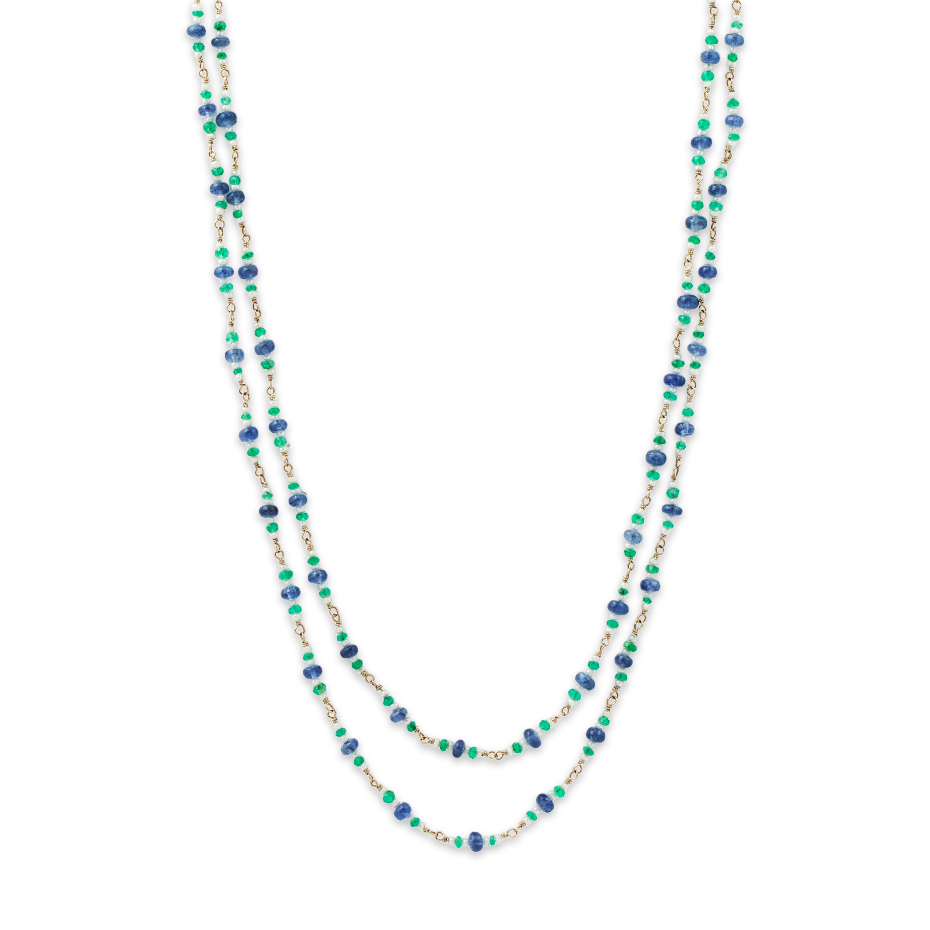 Vintage 14k Yellow Gold Blue Sapphire Emerald Pearl Long Layering Necklace 31、mySite、hinf8tx79