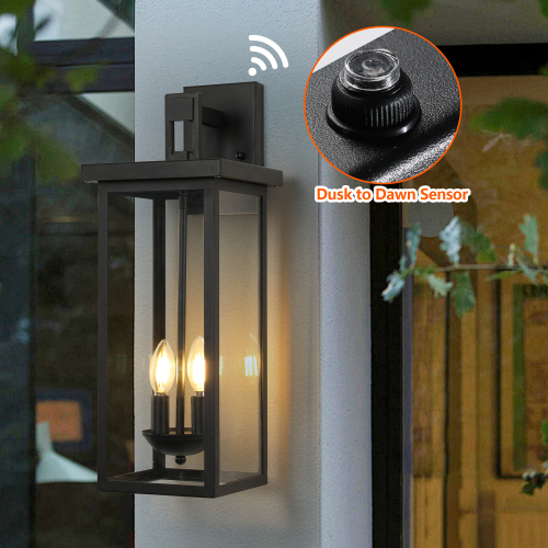 2-Pack 22.0" Outdoor Wall Lantern with Dusk to Dawn Sensor, Matte Black Finish, Clear Glass Panels, Weatherproof Exterior Light for Porch, Patio, Garage, 2-Light Design (Bulb Not Included)、、eastwooduniform