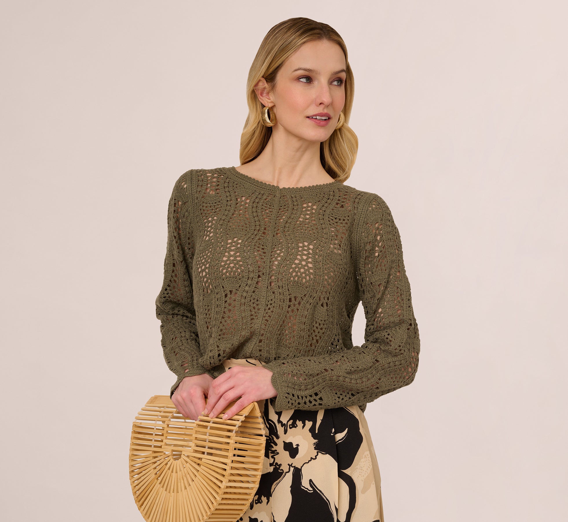 Long Sleeve Open Crochet Sweater In Olivine、mySite、solidvoid