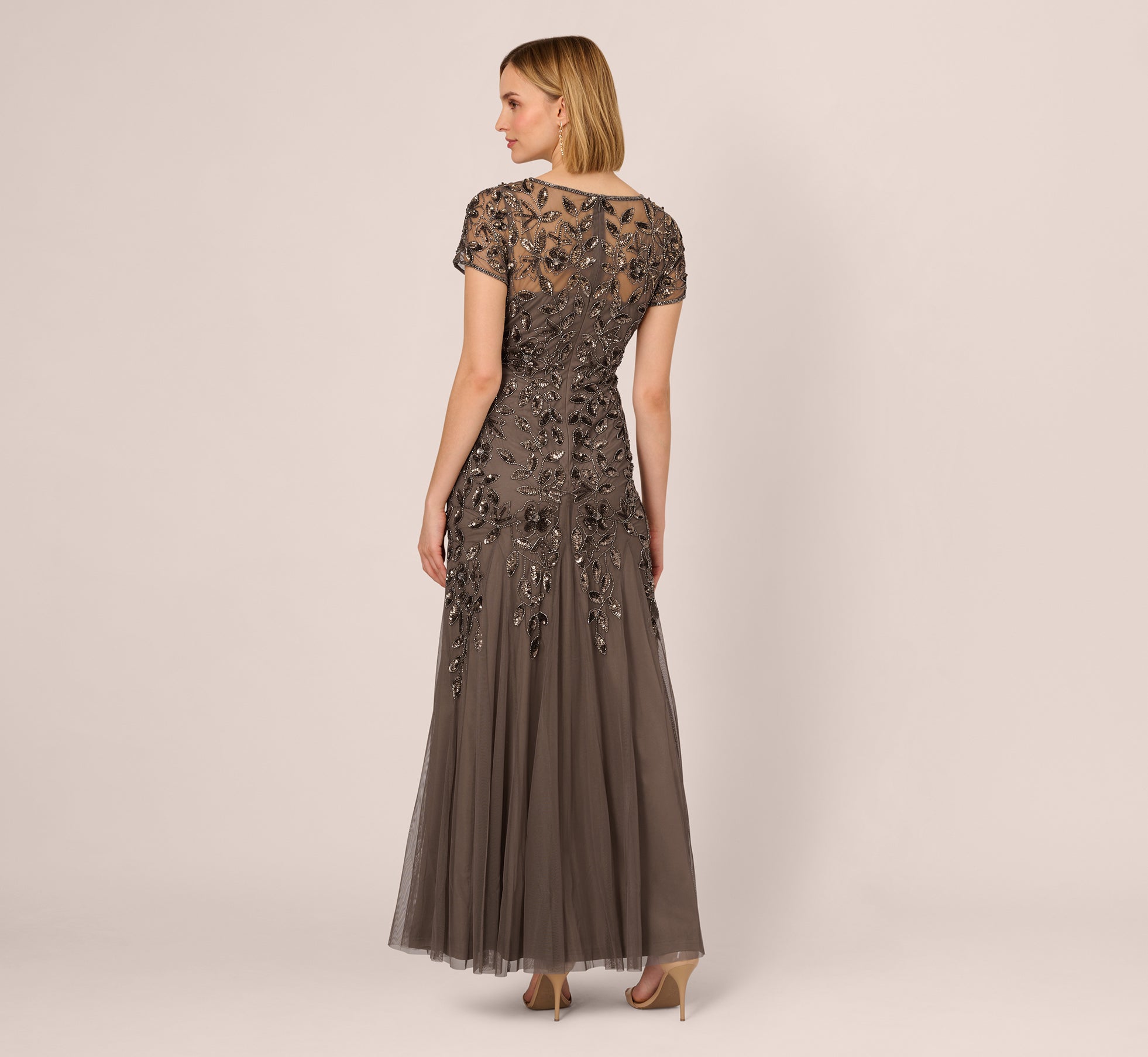 Hand Beaded Short Sleeve Floral Godet Gown In Lead、mySite、solidvoid