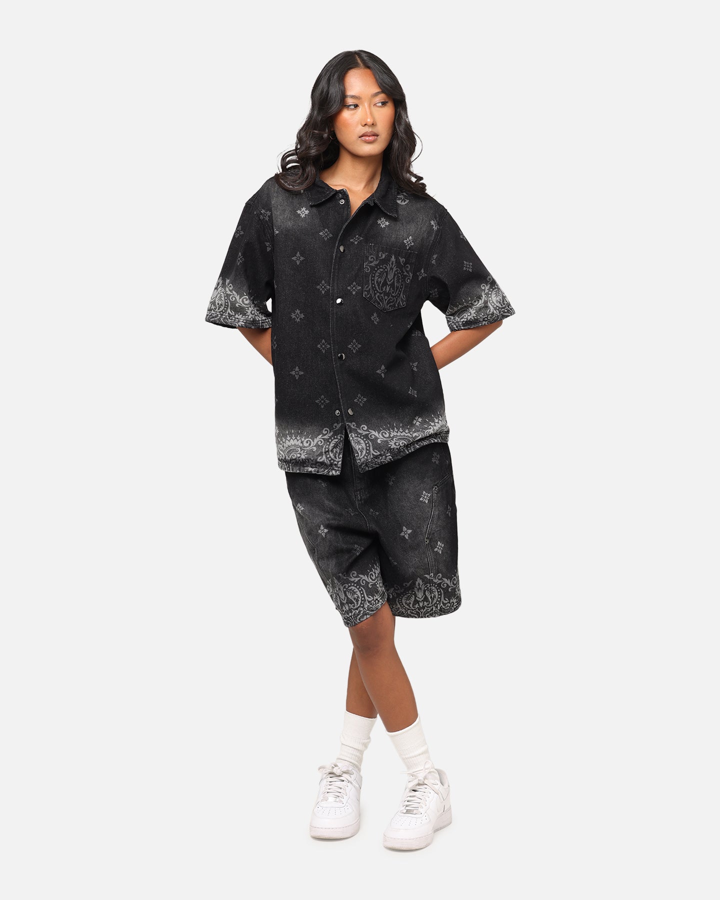 Criminal Damage Laser Print Denim Button Up Shirt Washed Black、mySite、zt4zffjzw