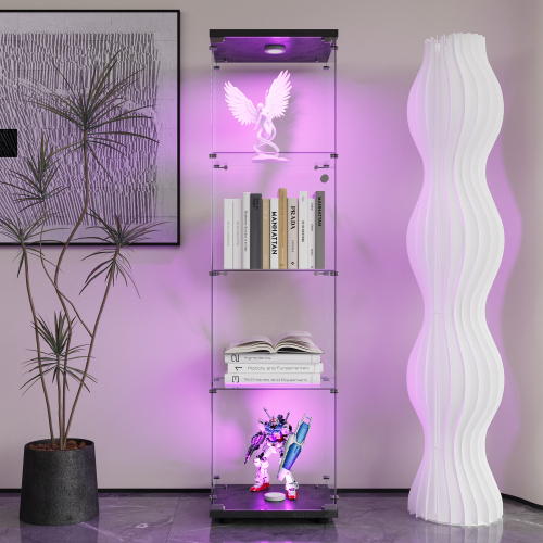 LED lights Glass Display Cabinet 4 Shelves with Door, Floor Standing Curio Bookshelf for Living Room Bedroom Office, 64.7"*16.7"*14.3", Black、、casual