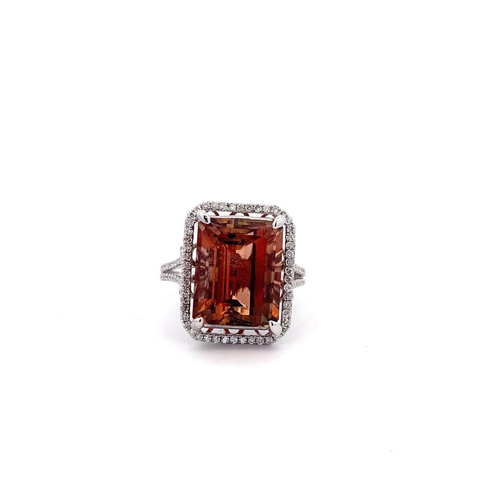 Estate 14K White Gold Emerald Cut Sunstone & Diamond Halo Ring