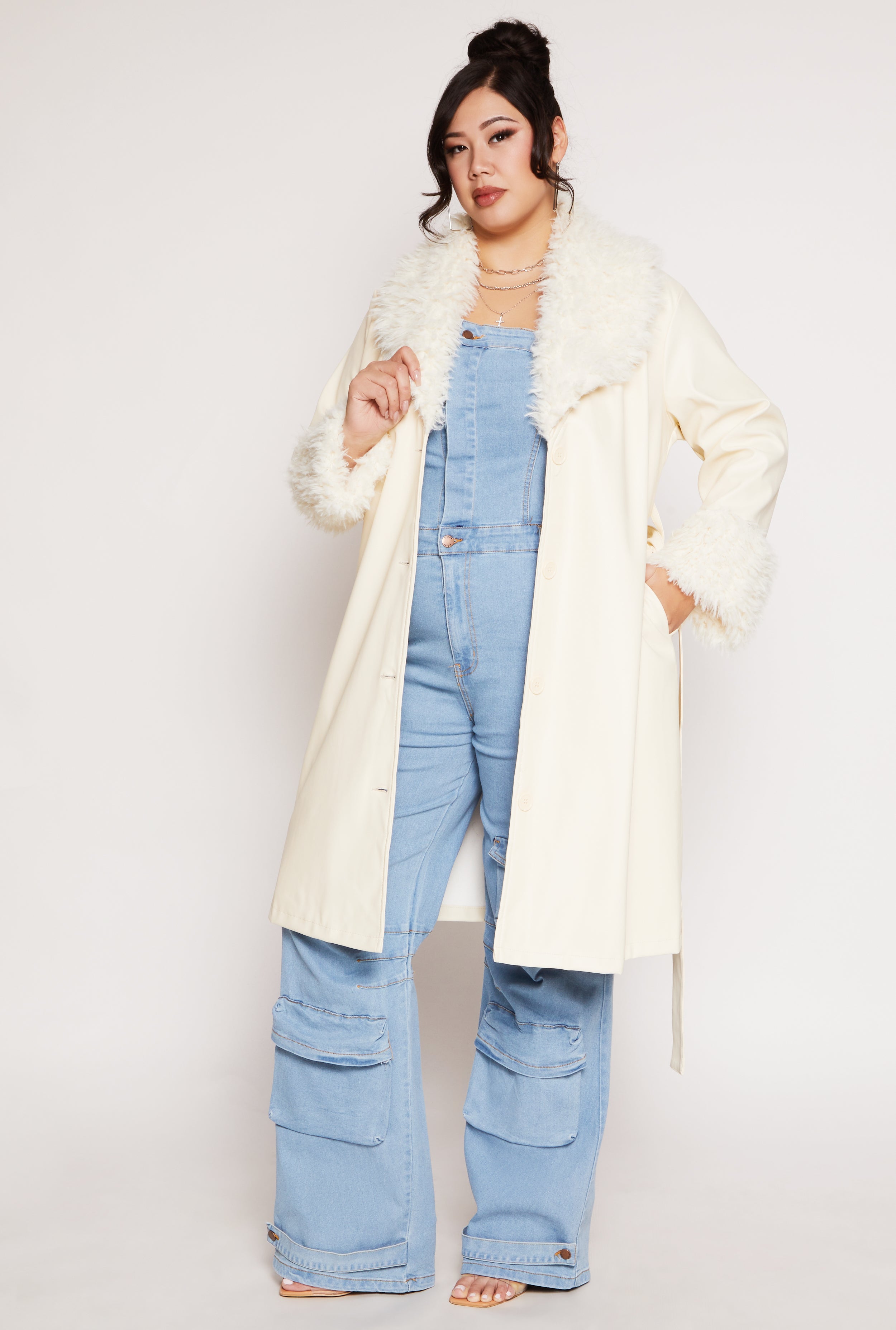 Plus Size Spoon Jeans Faux Leather Trench Coat、mySite、camillekostekn