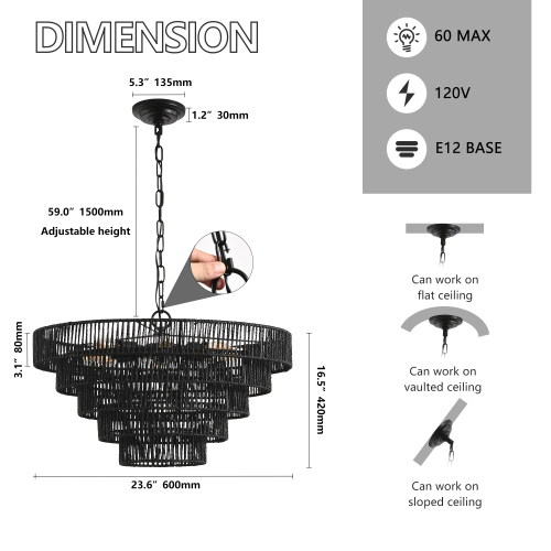 20" Rustic 4-Tier Black Hemp Rope Pendant Light Chandelier with 6 E12 Sockets, Handmade Tiered Boho Ceiling Light Fixture for Dining Room, Kitchen, or Foyer (Bulb Not Included)、、eastwooduniform