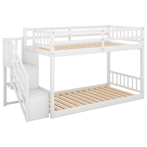 Twin over Twin Floor Bunk Bed, Ladder with Storage, Gray、、casual