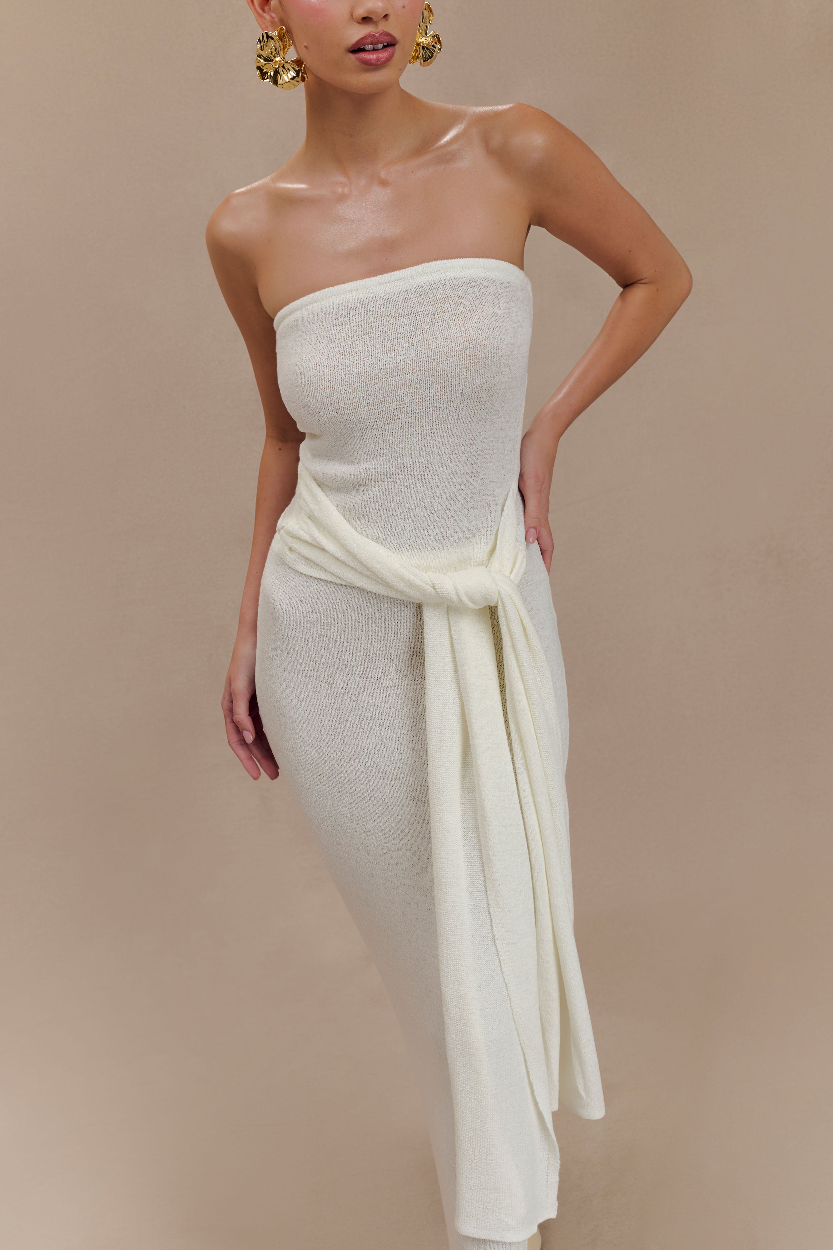 Phoebe Strapless Tie Knit Top - Ivory、mySite、solidvoid