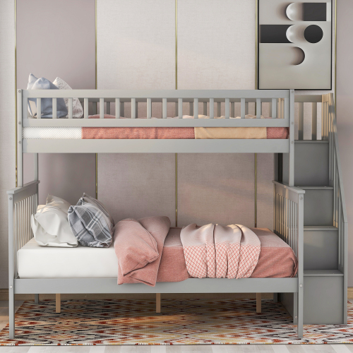 Twin over Full Stairway Bunk Bed with Storage, Gray、、casual