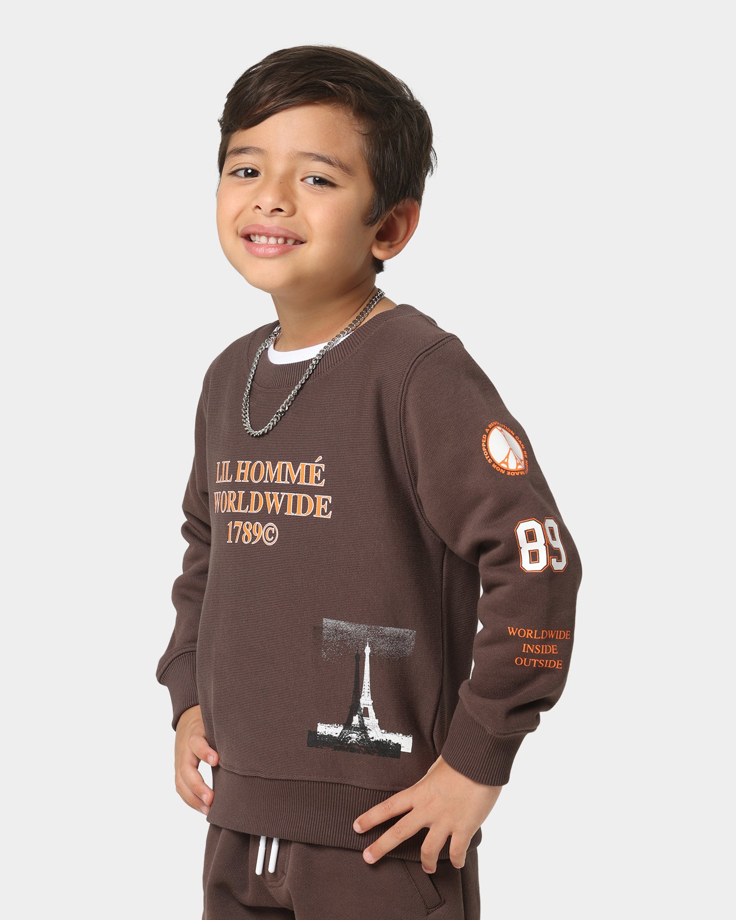 Lil Homme Kids' Worldwide Crewneck Dark Brown、mySite、zt4zffjzw