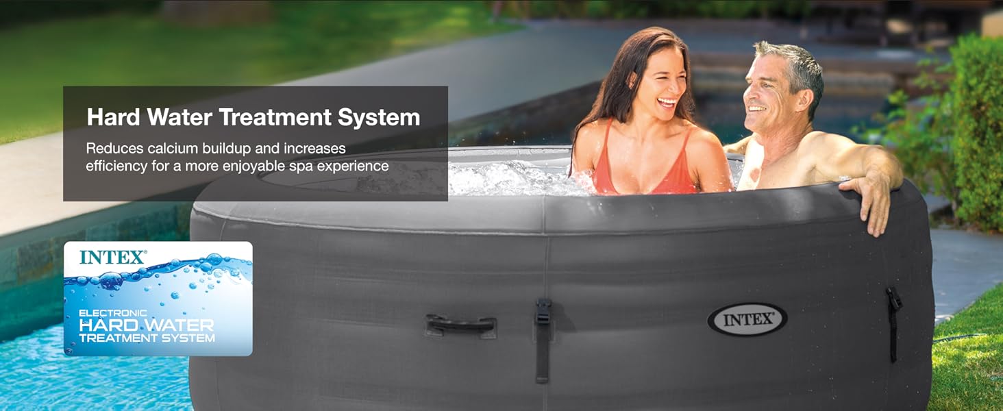 Couple relaxing in Intex spa with hard water system to reduce buildup and enhance comfort.