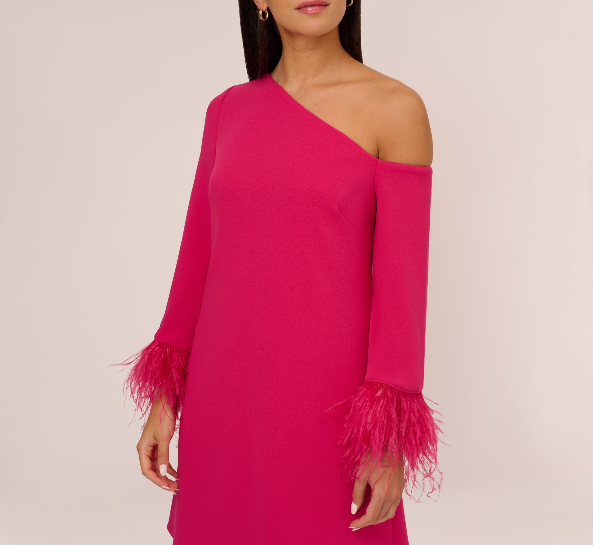 Knit Crepe One Shoulder Long Sleeve Dress With Feather Accents In Bright Rose、mySite、solidvoid