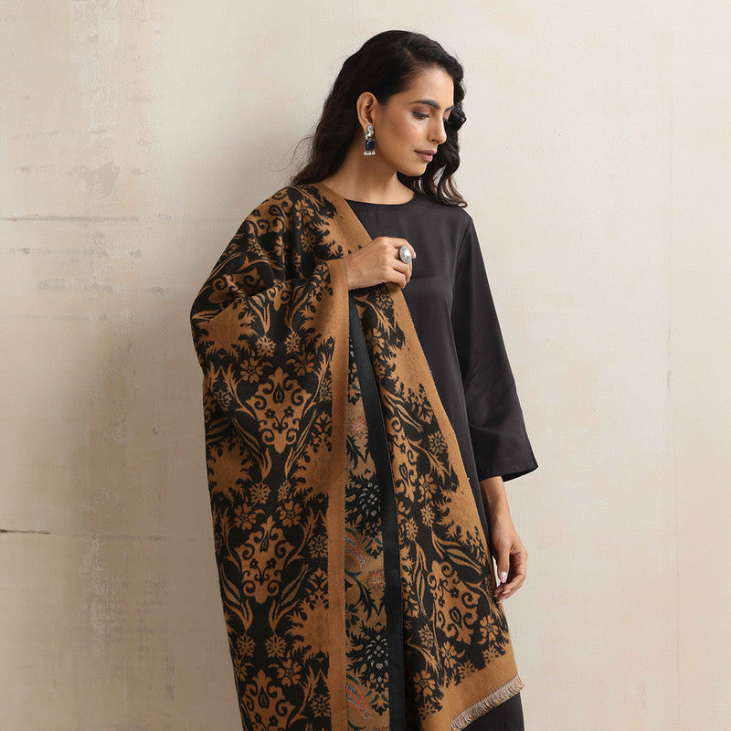 Woolen Reversible Stole | Floral Print | Brown、mySite、camillekostekn