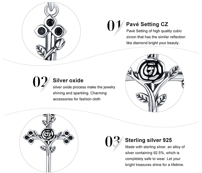 Cross with Rose Black CZ Oxidized Sterling Silver Unique、mySite、g9winljtr