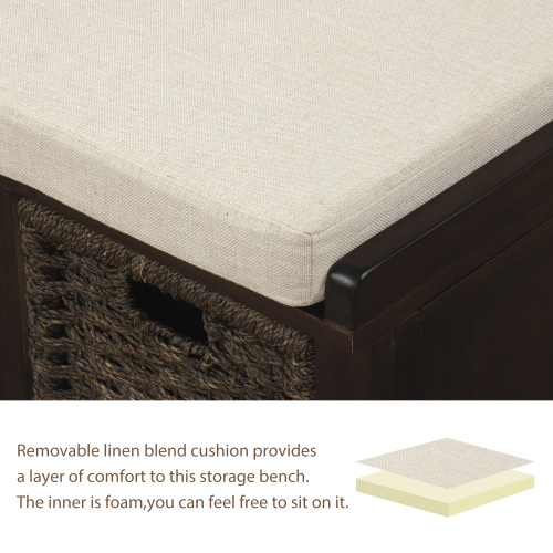 TREXM Rustic Storage Bench with 3 Removable Classic Rattan Basket , Entryway Bench Storage Bench with Removable Cushion (White)、、casual