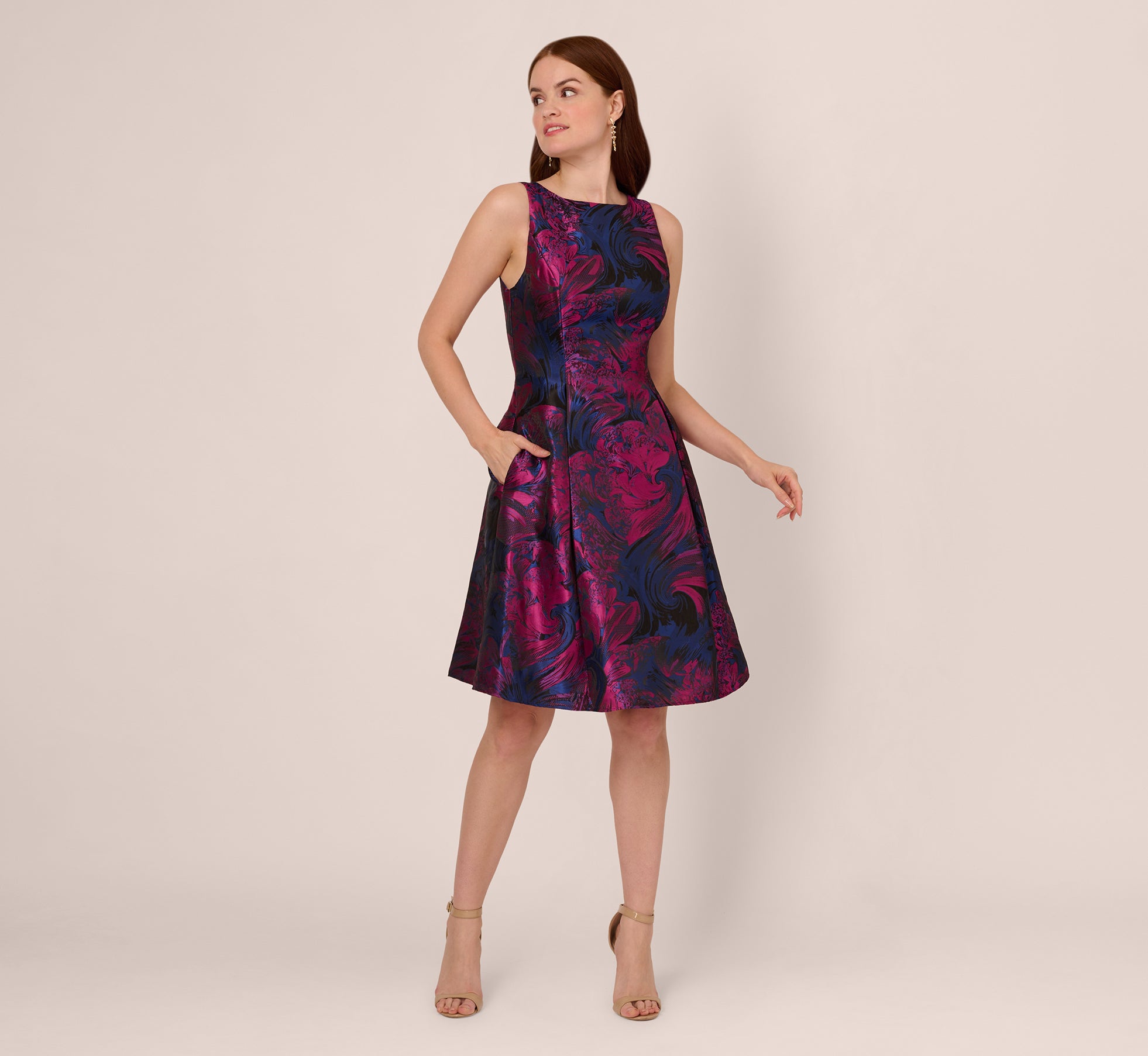 Floral Jacquard Short Dress With Envelope Back In Navy Orchid、mySite、solidvoid