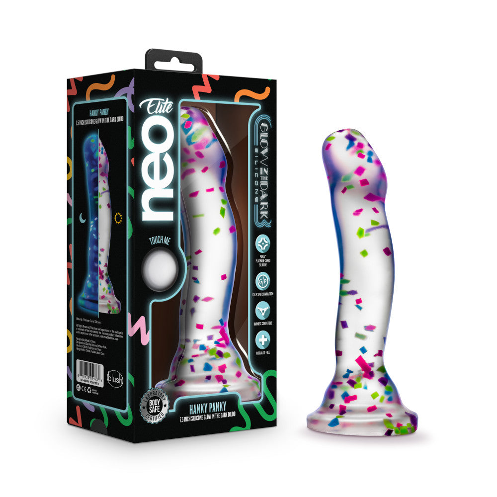 Neo Elite By Blush® | Hanky-Panky 7.5 Inch Purio™ Silicone Glow In The Dark Dildo - Clear Dildo With Fun Confetti、mySite、bottomscart