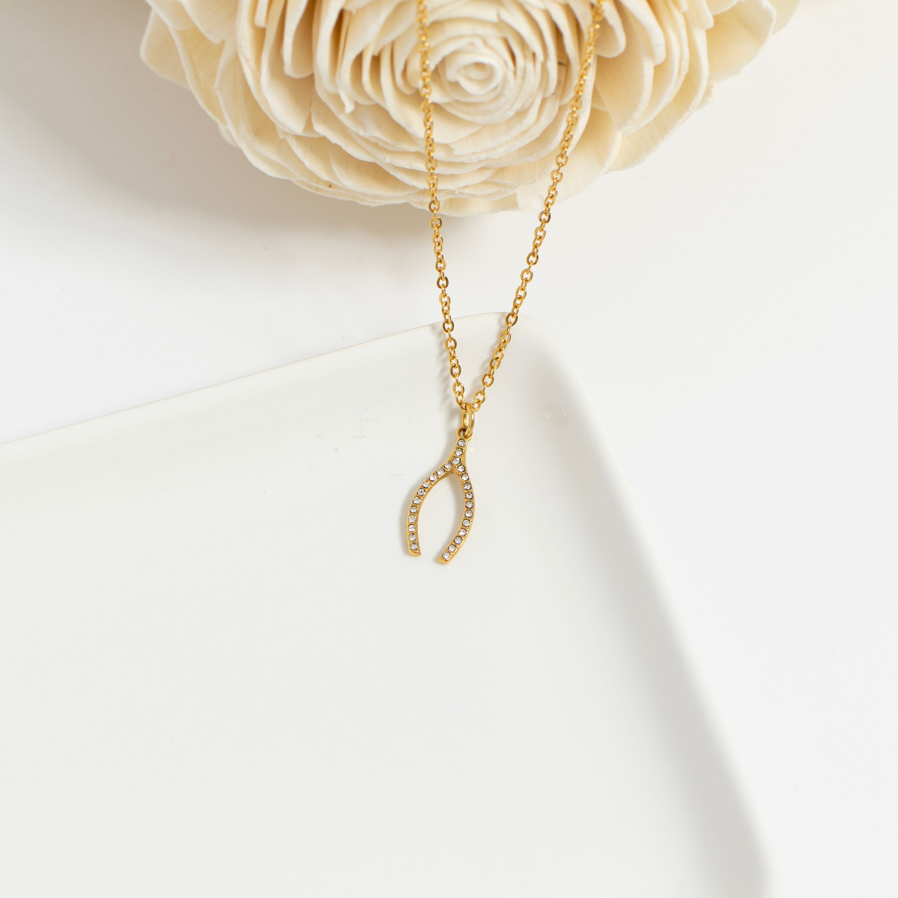 18K Gold PVD Stainless Steel Rhinestone Wishbone Charm / PDL0272、mySite、dreamappss