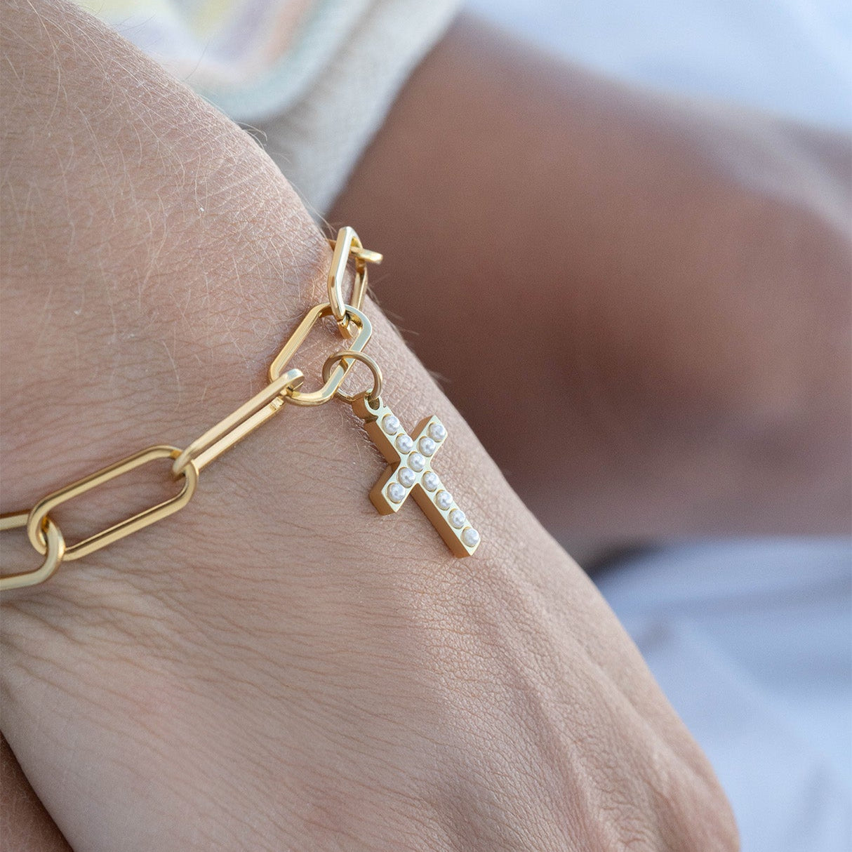 18K Gold PVD Stainless Steel Pearl Cross Charm / PDL0252、mySite、dreamappss