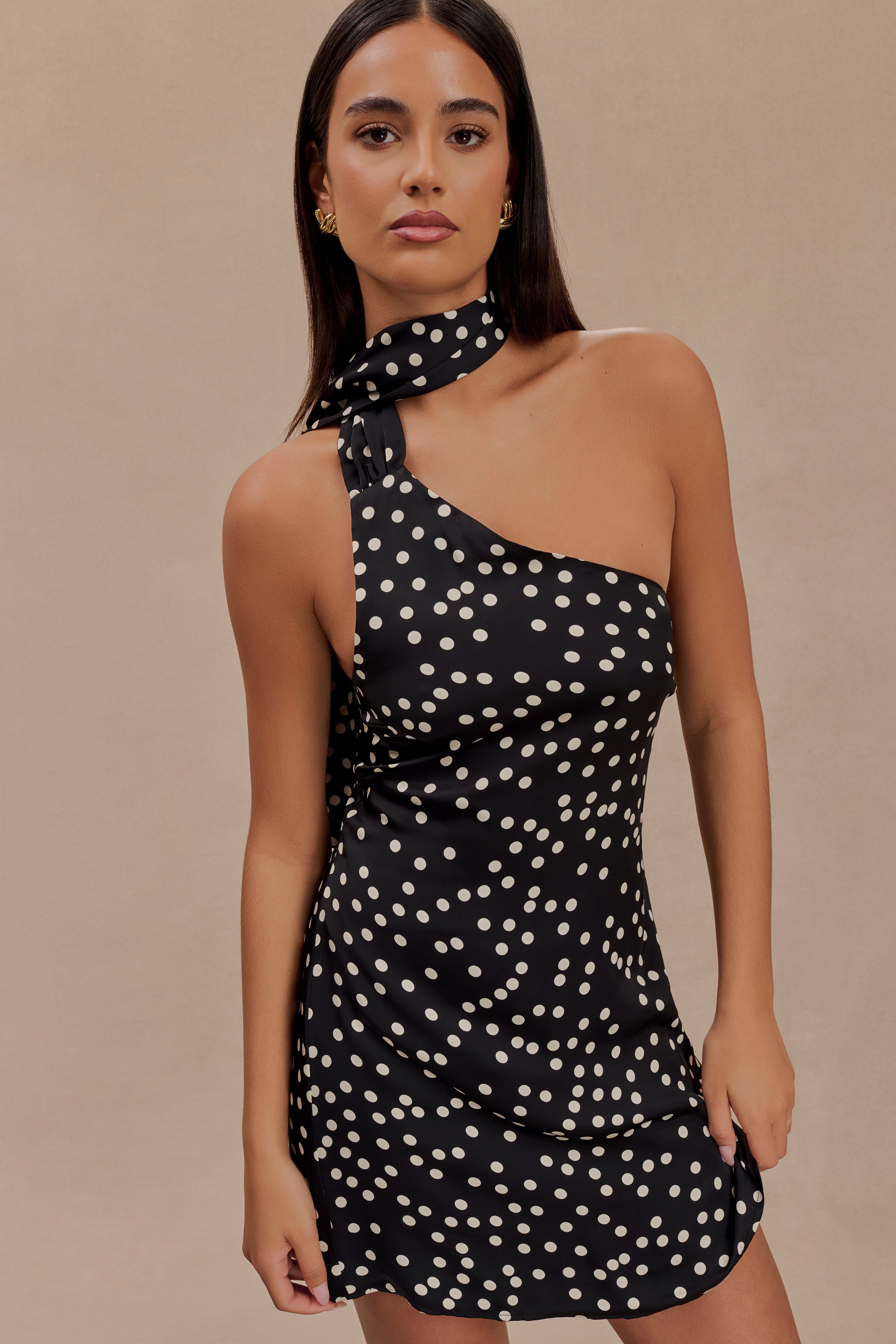 Joan Satin Asymmetrical Mini Dress - Black Polka Dot Print、mySite、solidvoid
