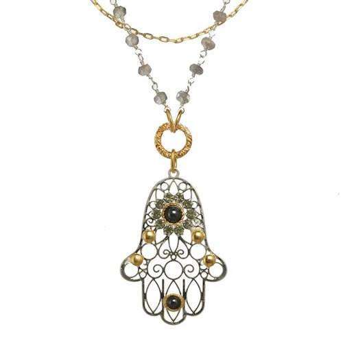 Michal Golan Hematite, Gold, and Silver Hamsa Necklace、mySite、topwebapps