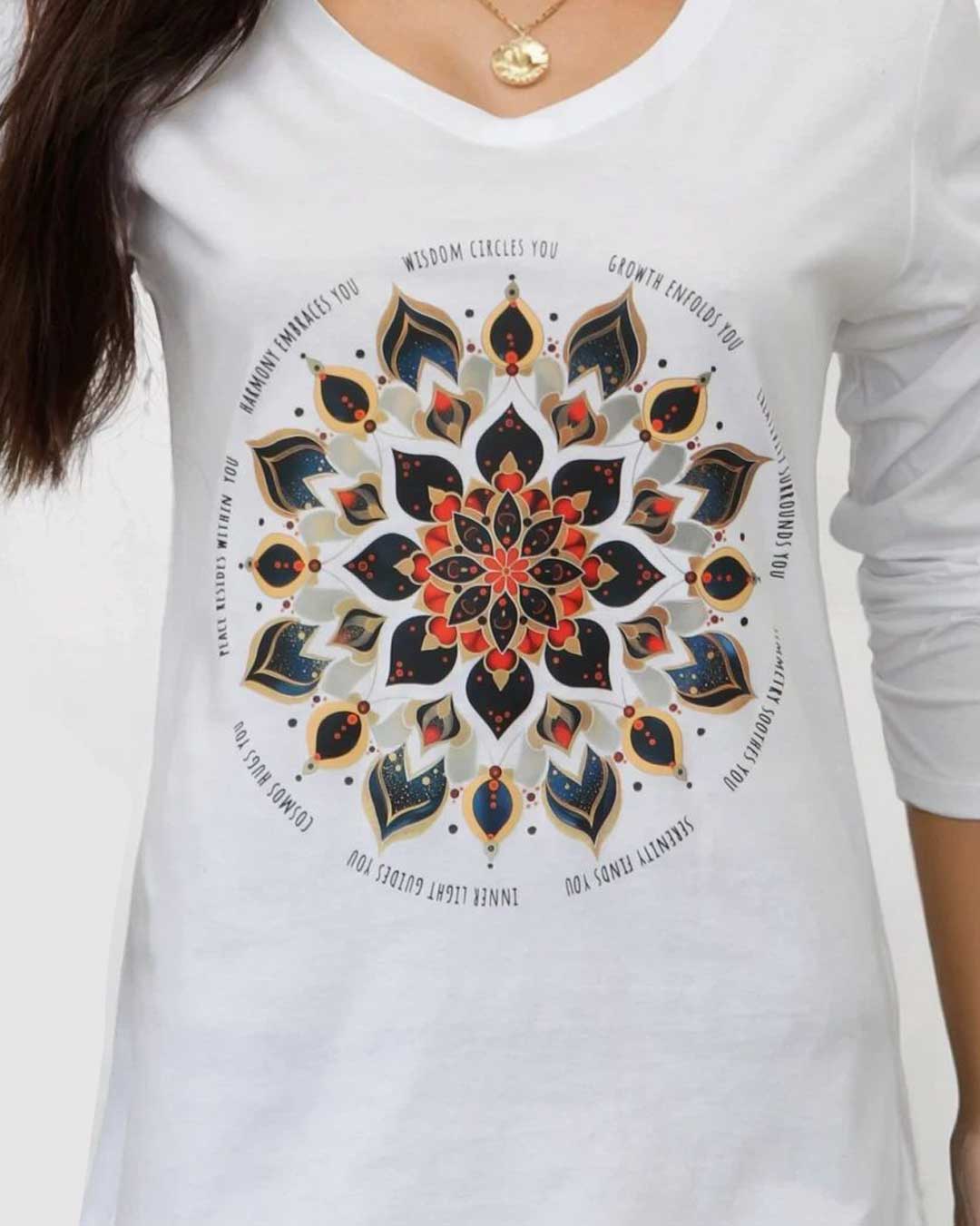 Radiant Lotus Mandala Long Sleeve Tee – White Cotton V-Neck Shirt with Affirmation Design (S–XL)、mySite、topwebapps