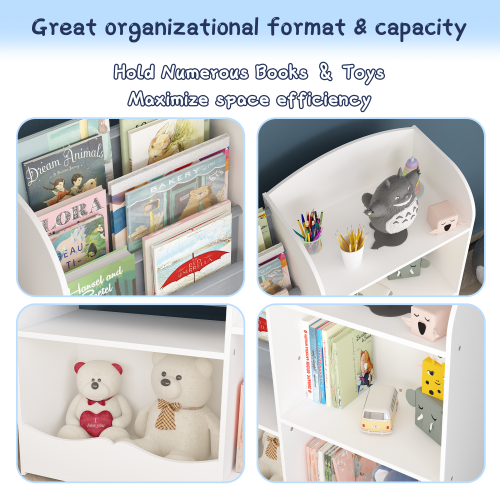 Kids Bookcase and Bookshelf, Multifunctional Bookcase with 3 Collapsible Fabric Drawers, Bookcase Display Stand, Toy Storage Organizer for Bedroom, Playroom, Hallway (White/Gray)、、casual