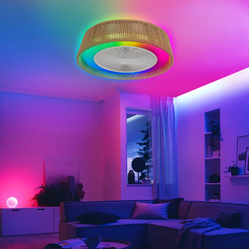 21" Modern Rustic Ceiling Fan Light with LED RGB Mood Lighting, Rope Woven Design, Quiet Fan, Semi Flush Mount for Bedroom, Living Room, or Dining Room ((Silent/6-Speed/Reversible/DC Motor))、、eastwooduniform
