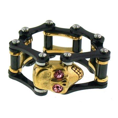 Pink CZ Eyed 18K Gold PVD Coated Skull Black Bike Chain Stainless Steel Ring / SCR3098、mySite、dreamappss