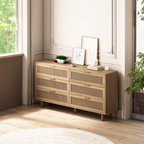 51.18"6-Drawers Rattan Storage Cabinet Rattan Drawer,for Bedroom,Living Room,Natural (Same SKU:W757P198980)、、casual
