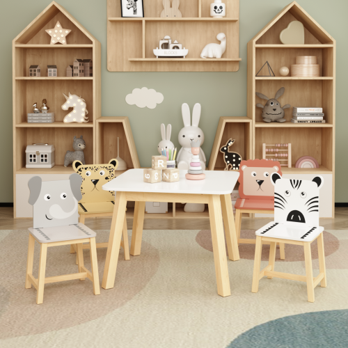 Kids Table and 2 Chairs Set, 3 Pieces Toddler Table and Chair Set, Wooden Activity Play Table Set (Lion&Monkey)、、casual