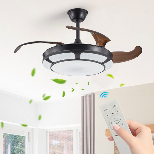 42" Retractable Ceiling Fan with Light, Modern LED Chandelier Fan with Remote Control, 6 Speed Adjustable Blades, Quiet DC Motor, Dimmable Lighting for Living Room, Bedroom, Dining Room、、eastwooduniform