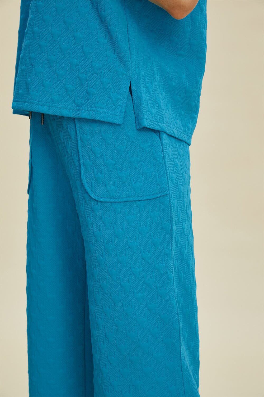 Double Take Full Size Texture Drawstring Short Sleeve Hoodie and Pocketed Pants Set、mySite、camillekostekn