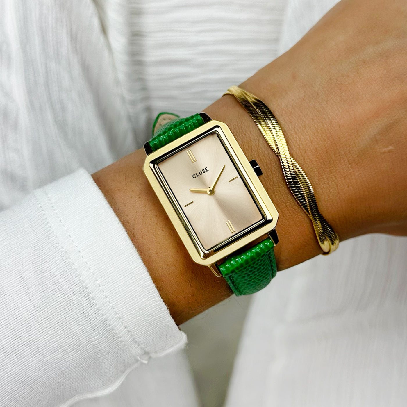  Strap 14 mm Leather Emerald Green Lizard, Gold Colour