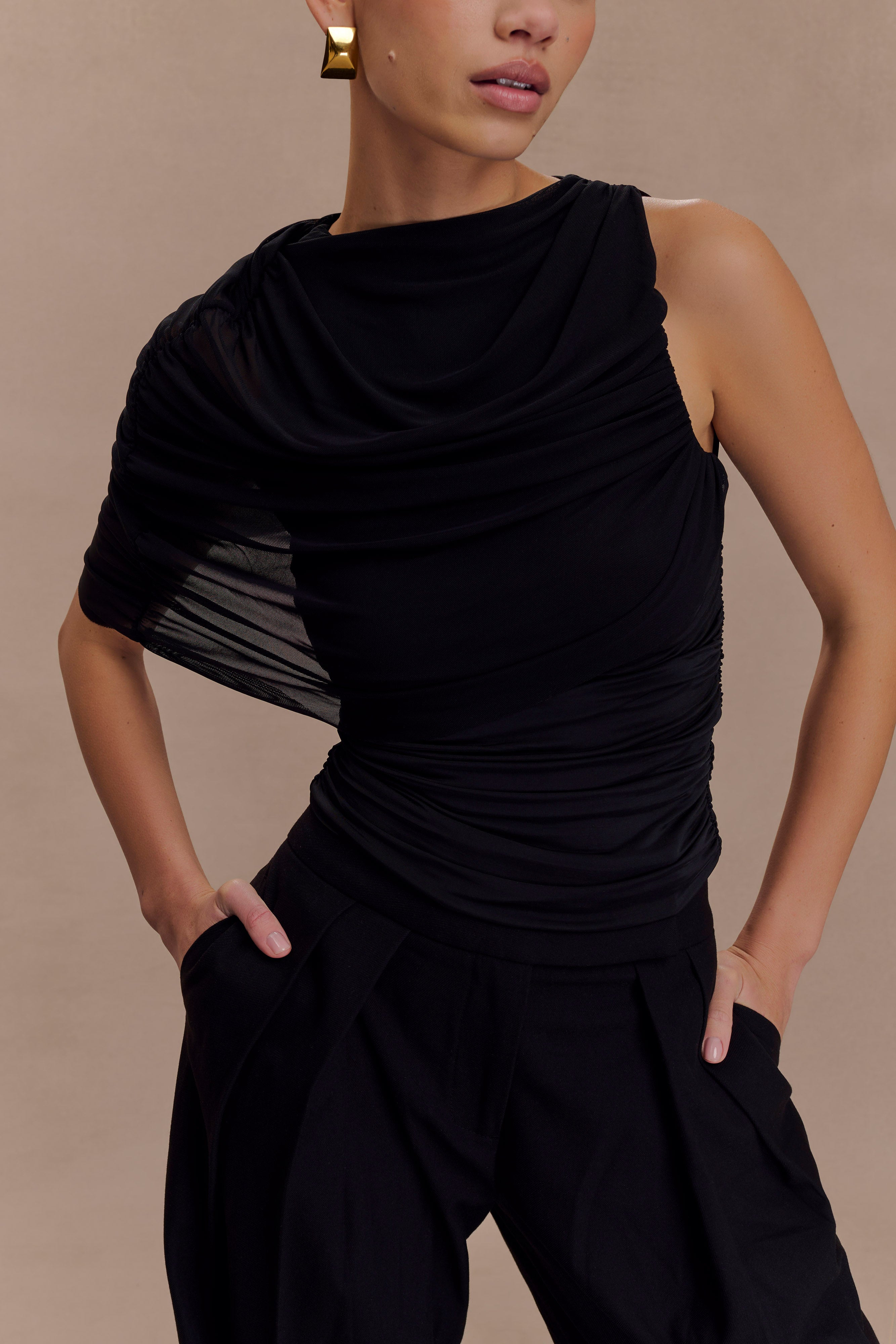 Pruedance Slinky Draped Top With Mesh Overlay - Black、mySite、solidvoid