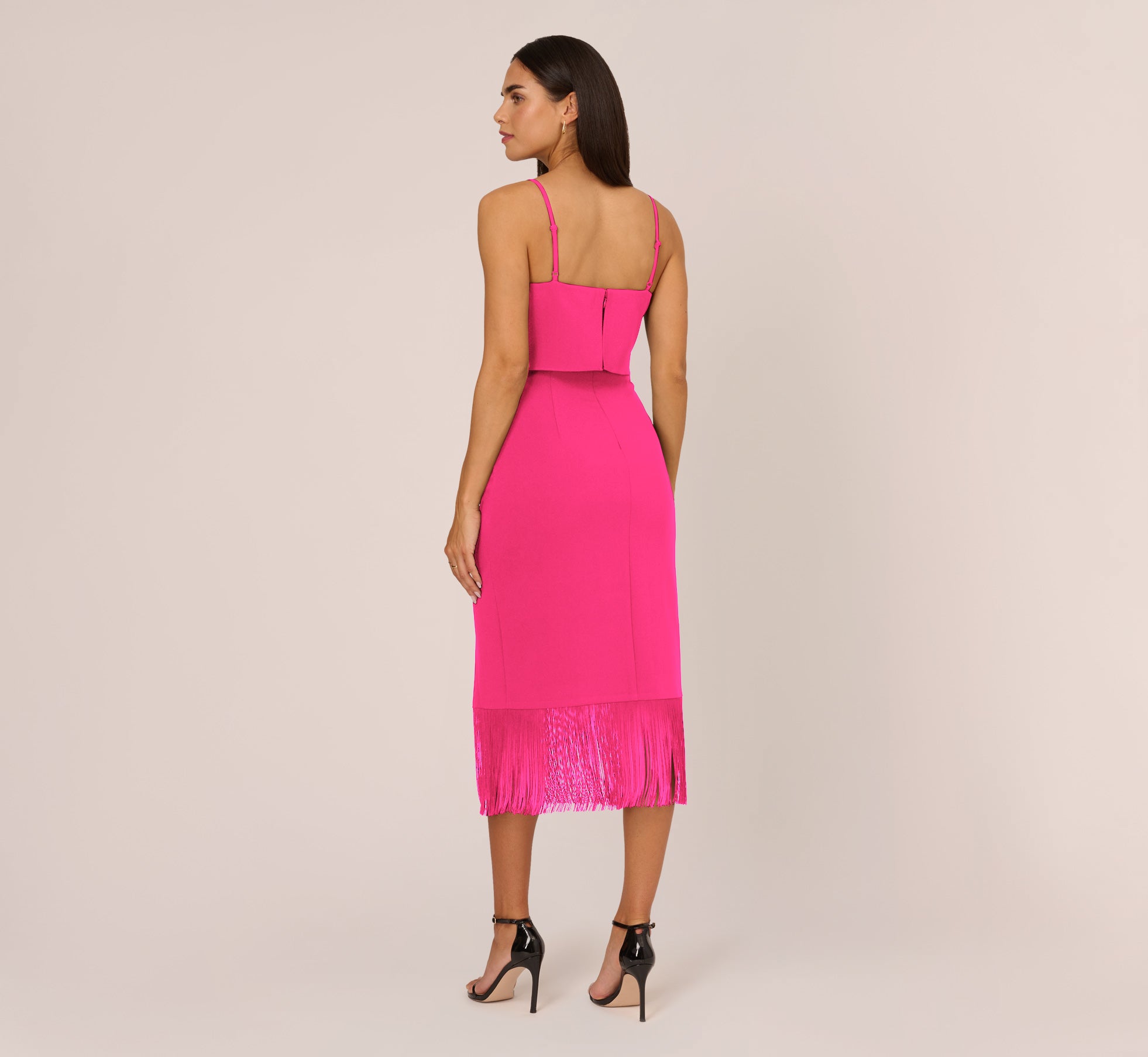 Crepe Popover Midi Dress With Fringe Trim In Lipstick、mySite、solidvoid