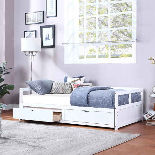 Wooden Daybed with Trundle Bed and Two Storage Drawers , Extendable Bed Daybed,Sofa Bed for Bedroom Living Room,White、、casual