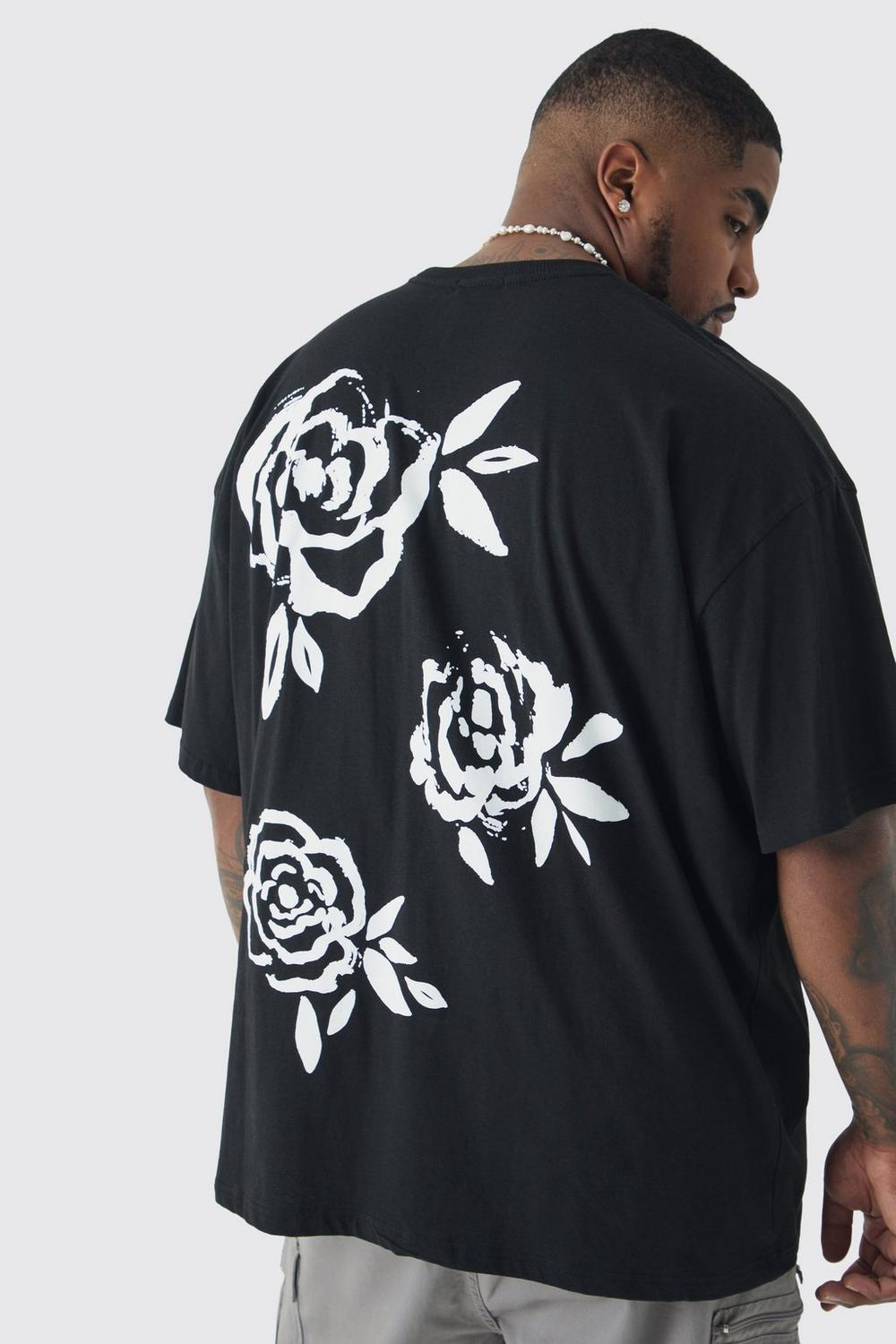  Boohooman Plus Mono Rose Floral Back Print T-shirt In Black、mySite、justintrudeaud
