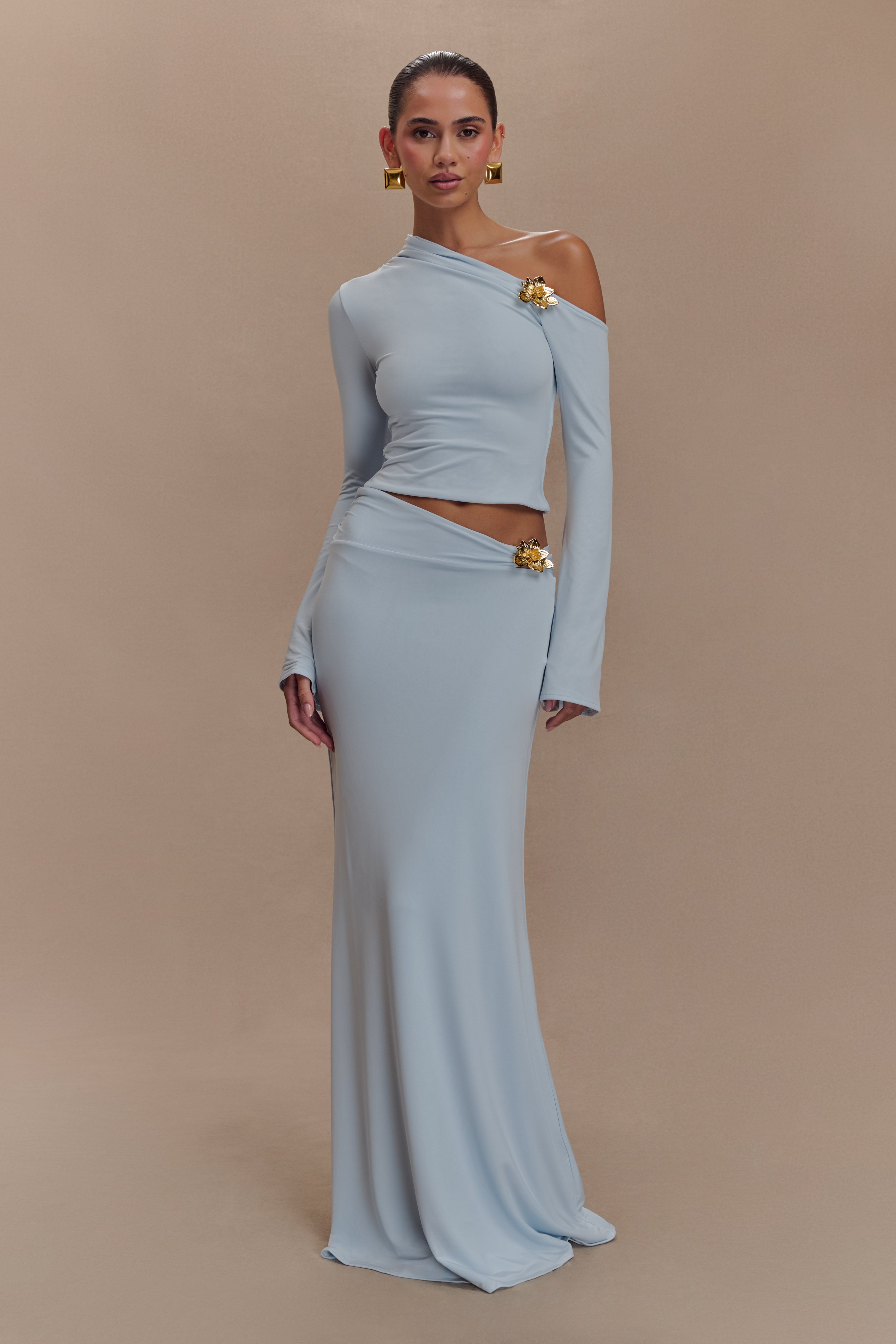 Ainsley Asymmetrical Maxi Skirt With Floral Hardware - Pale Blue、mySite、solidvoid