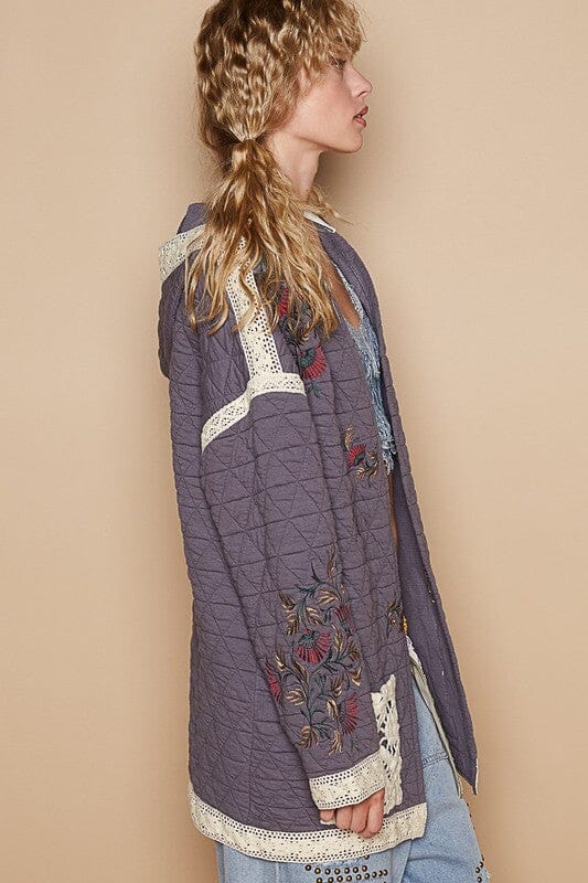 POL Embroidered Open Front Quilted Jacket with Crochet Pockets、mySite、camillekostekn