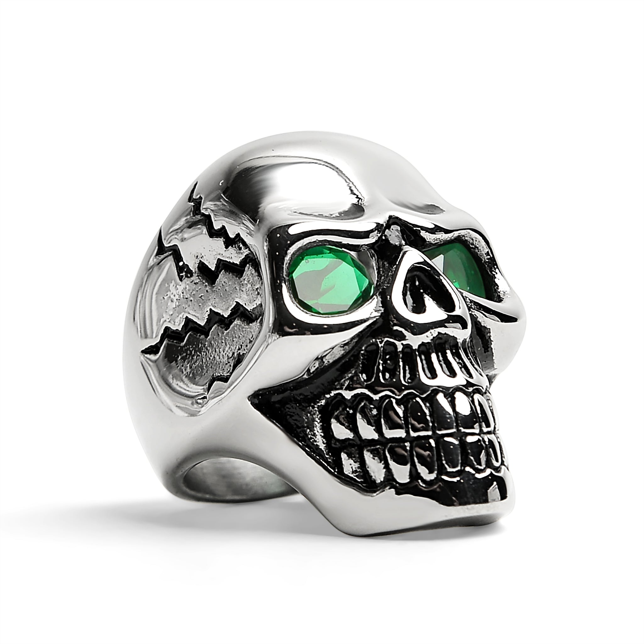 Stainless Steel Green CZ Eyed Cracked Skull Ring / SCR4108、mySite、dreamappss