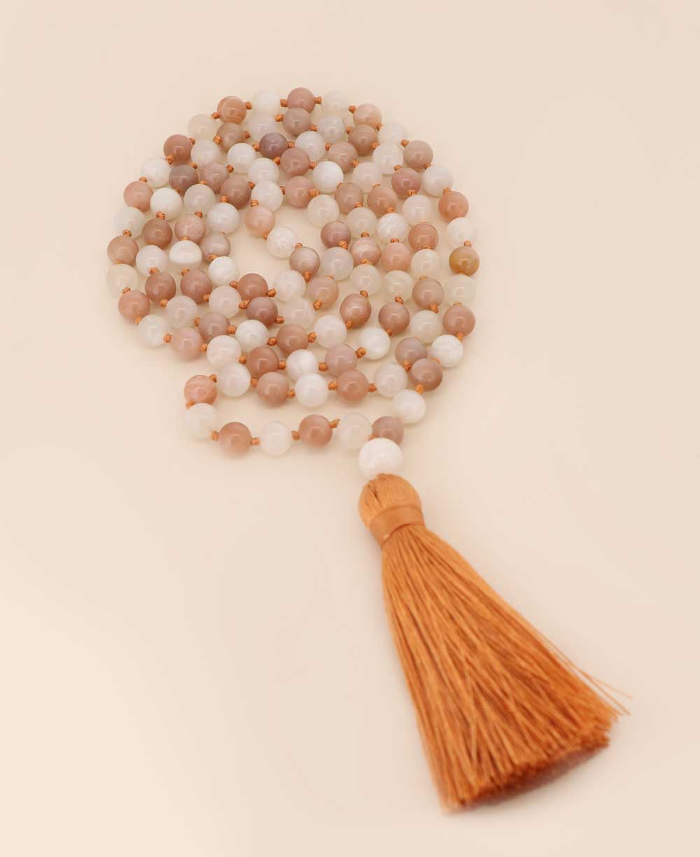Ethereal White and Peach Moonstone Beads Meditation Knotted Mala、mySite、topwebapps