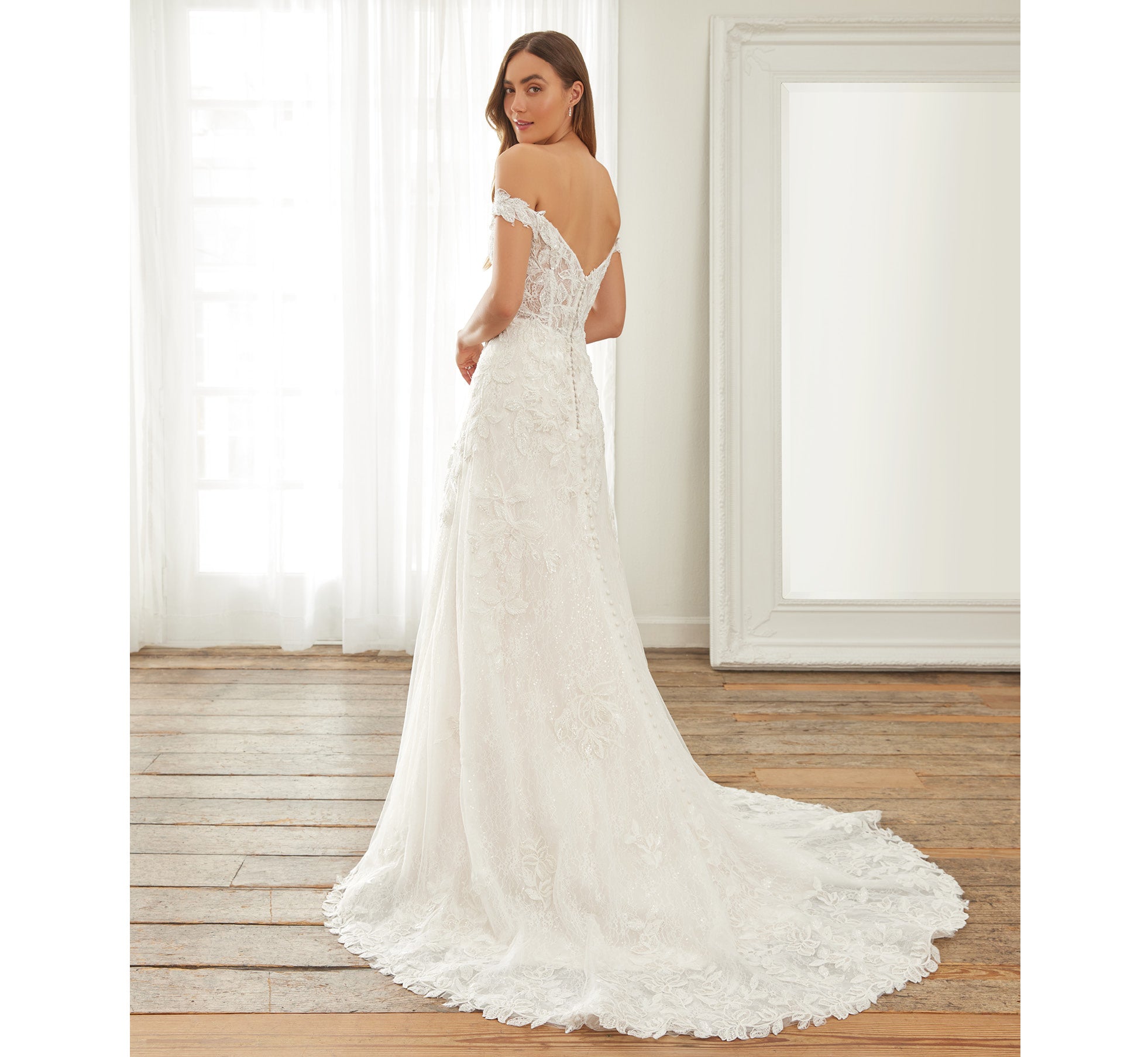 Hand-Sequined Lace Off-The-Shoulder Gown In Ivory Almond Nude、mySite、solidvoid