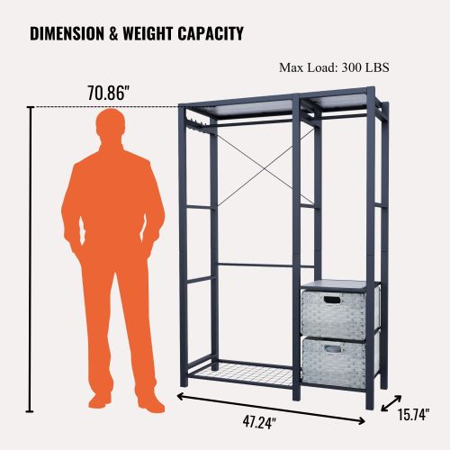 Acacia Wood Garment Racks with Shelves 2 Wicker Drawers and 4 Hooks Heavy Duty Closet Organizer for Hanging Clothes, Freestanding Closet Wardrobe Rack, Light Gray、、eastwooduniform