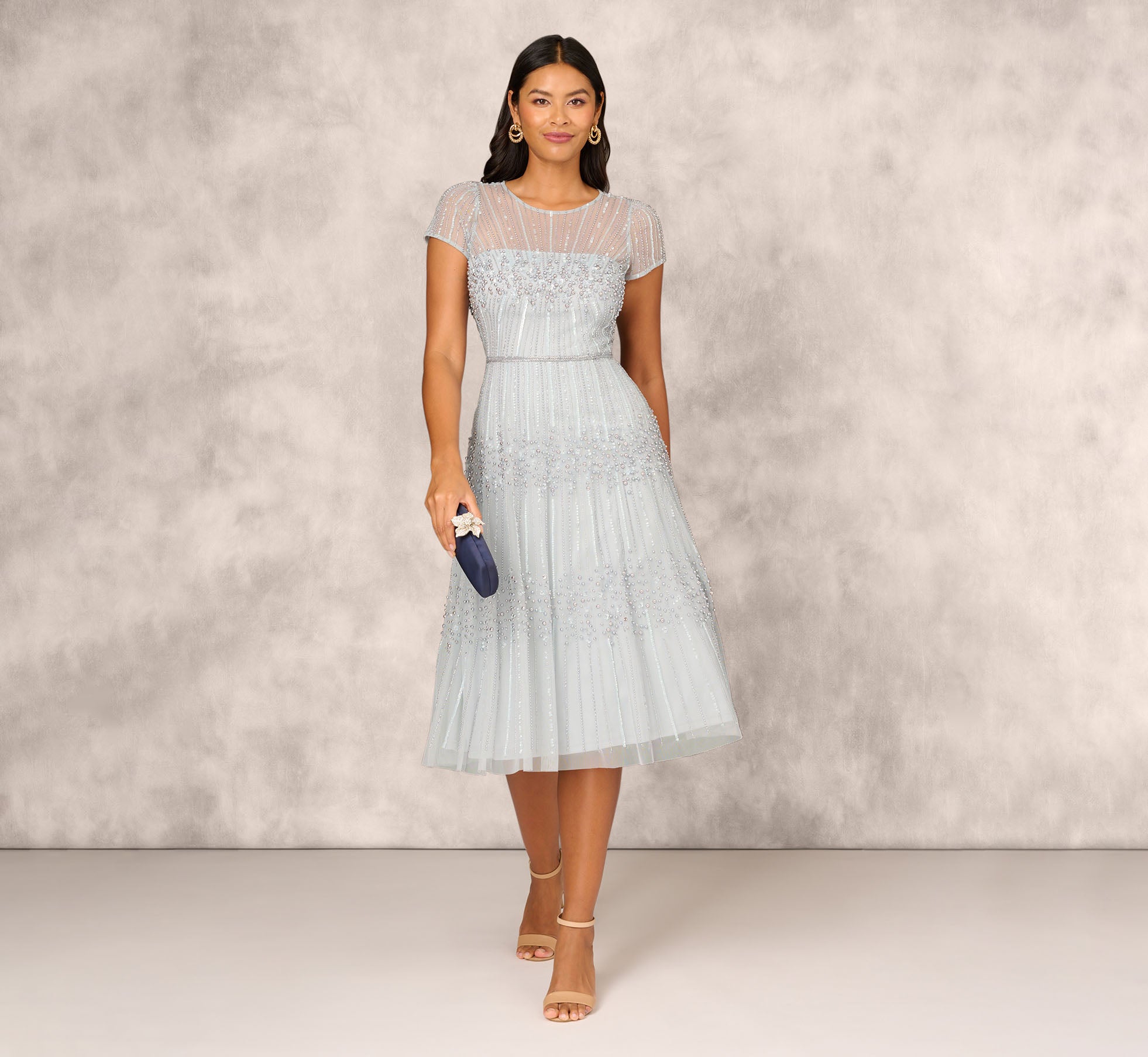 Beaded Short Sleeve Midi Dress With Sheer Details In Snow Globe、mySite、solidvoid