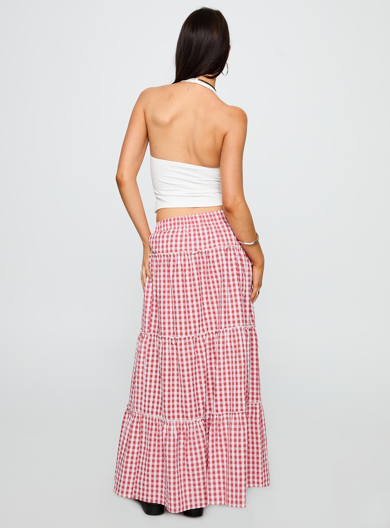 Ilaina Tiered Maxi Skirt Red Check、mySite、solidvoid