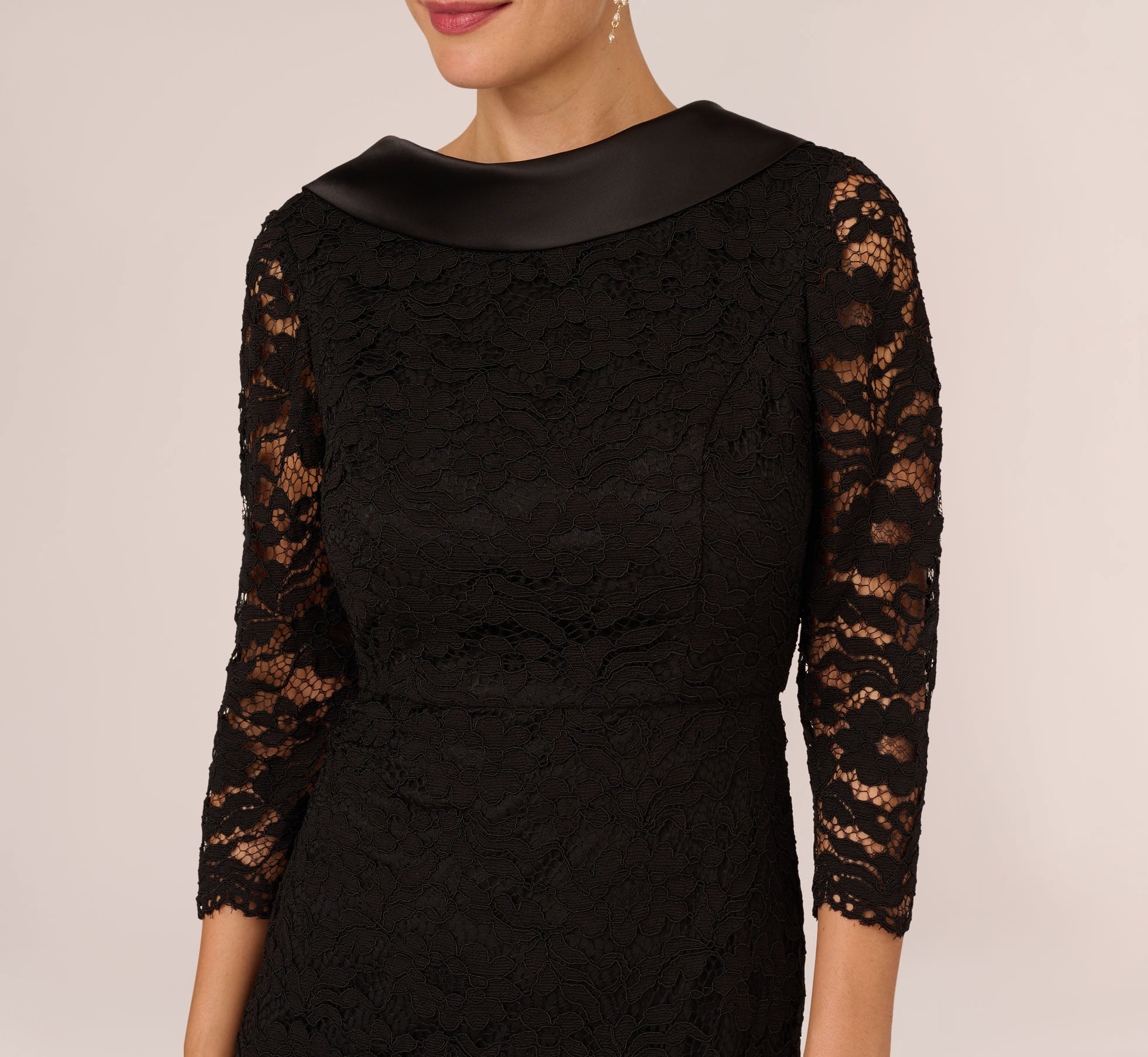 Roll Neck Lace Dress With Sheer Elbow Sleeves In Black、mySite、solidvoid