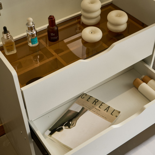 3-in-1 Vanity Desk with Mirror And Lights, Small Vanity Desk Set with Visible Glass Tabletop, 3 Drawers, Storage Bench, 3-color Lighting Mirror, Suitable for Bedroom Small Vanity Desk、、xpatfood