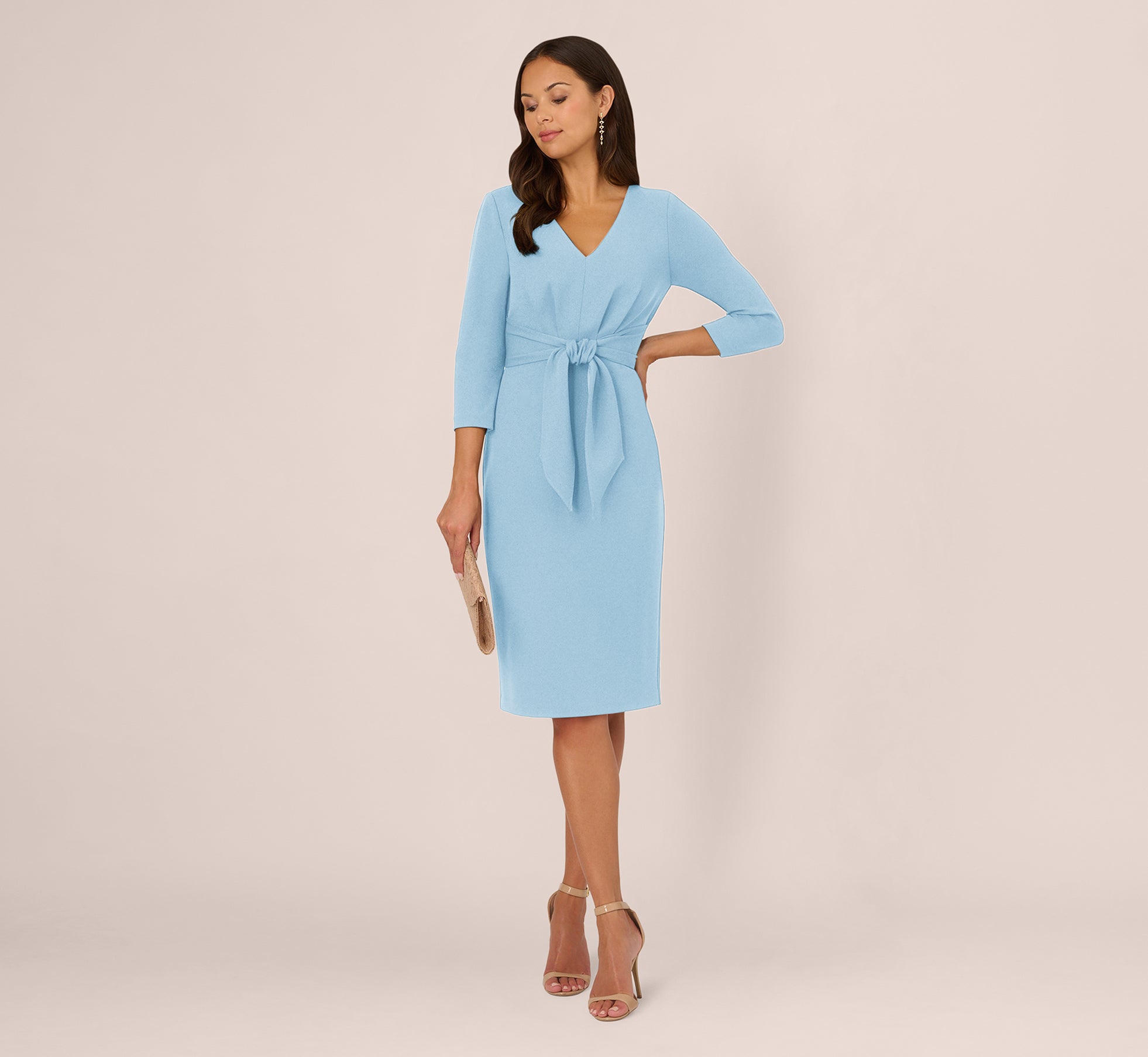 Three Quarter Sleeve Pleated Midi Dress With Tie Waist In Blue Mist、mySite、solidvoid